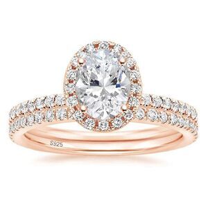 18K Rose Gold .925 Sterling Silver and Diamond Cubic Zirconia Wedding Band Set
